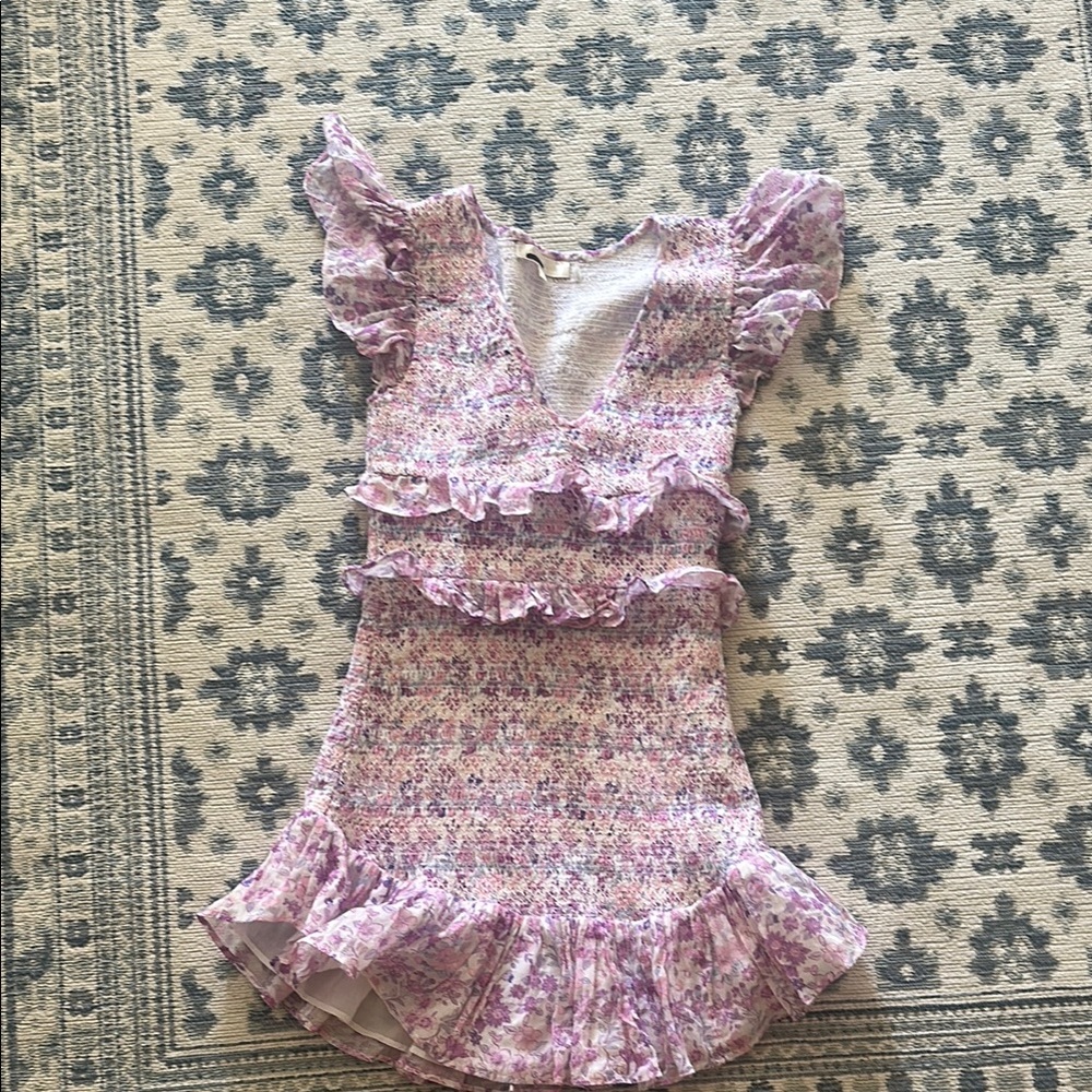 LoveShackFancy Floral Ruffle Dress in Pink and Purple